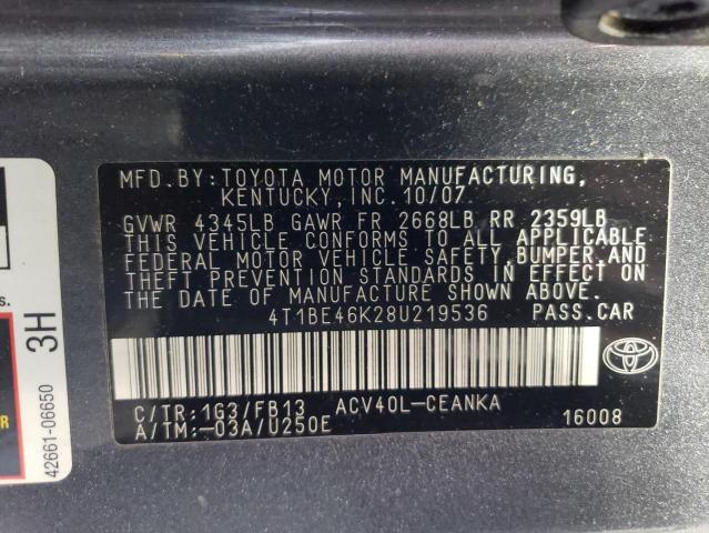 4T1BE46K28U219536 - 2008 TOYOTA CAMRY CE GRAY photo 12