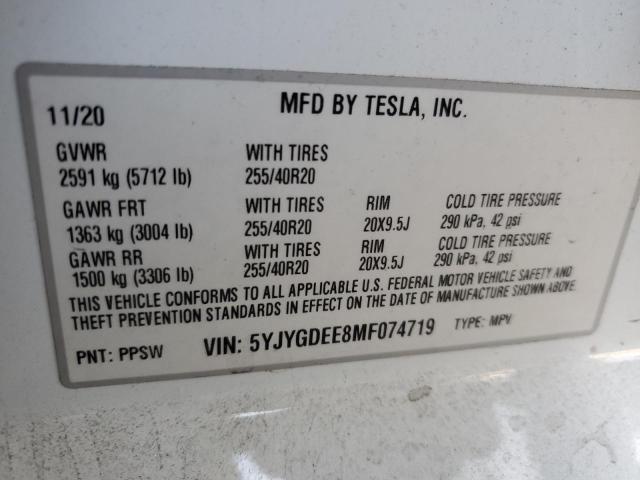 5YJYGDEE8MF074719 - 2021 TESLA MODEL Y 白色 照片 14