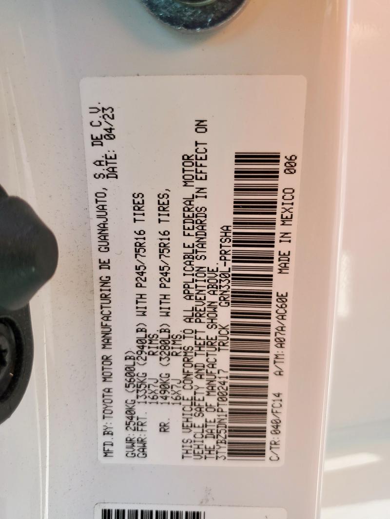 3TYBZ5DN1PT002417 - 2023 TOYOTA TACOMA DOUBLE CAB 白色 照片 12