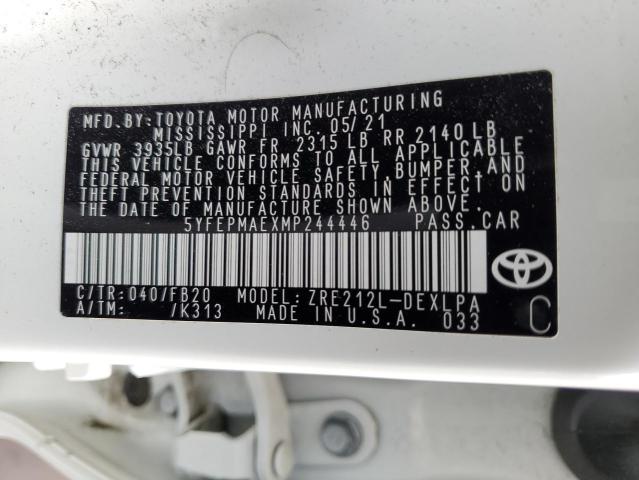 5YFEPMAEXMP244446 - 2021 TOYOTA COROLLA LE WHITE photo 13