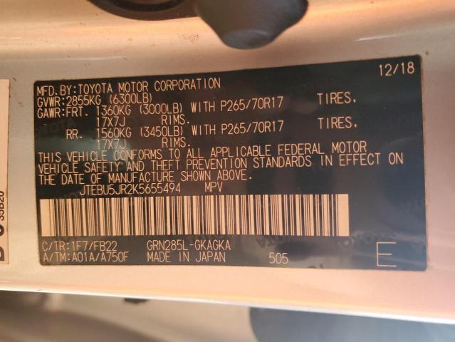 JTEBU5JR2K5655494 - 2019 TOYOTA 4RUNNER SR5/SR5 PREMIUM Srebrny zdjęcie 13