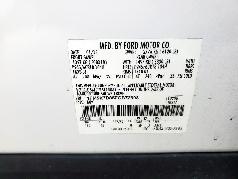 1FM5K7D85FGB72898 - 2015 FORD EXPLORER XLT WHITE photo 13