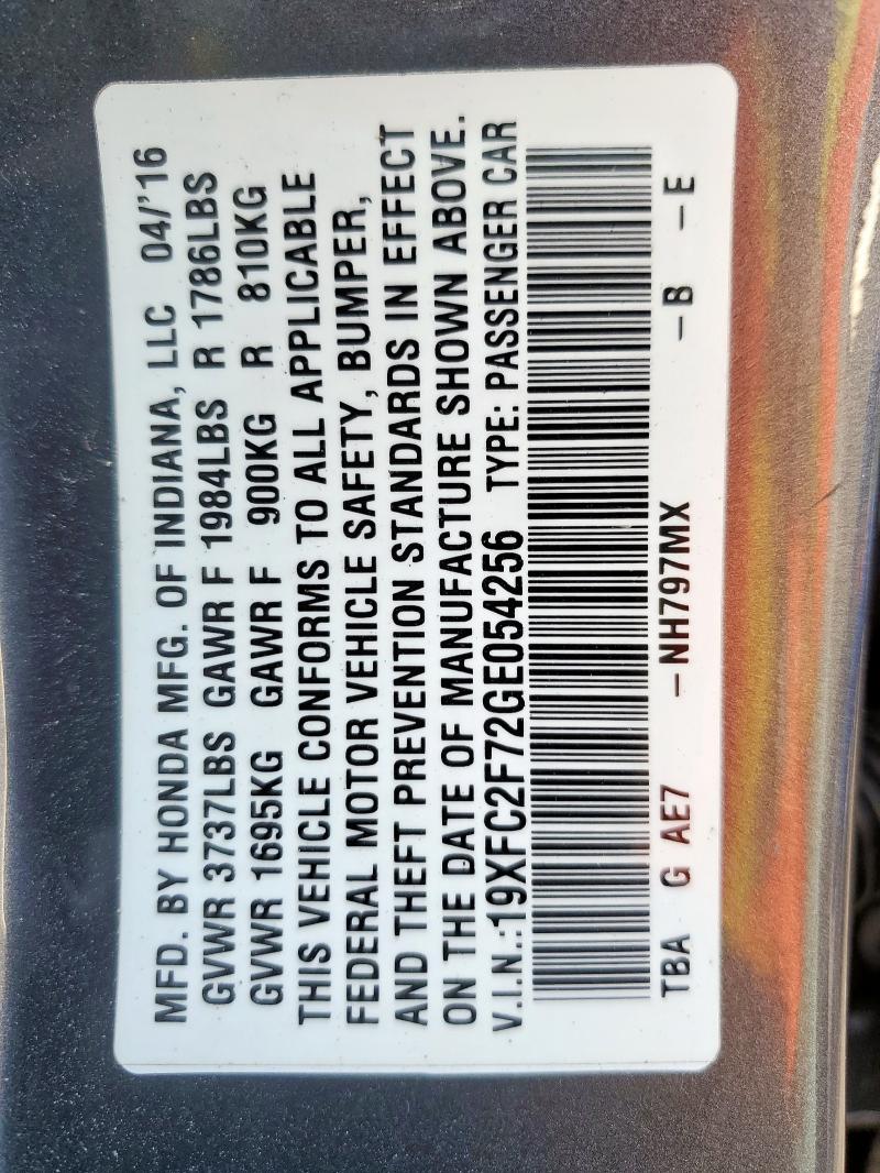 19XFC2F72GE054256 - 2016 HONDA CIVIC EX GRAY photo 14