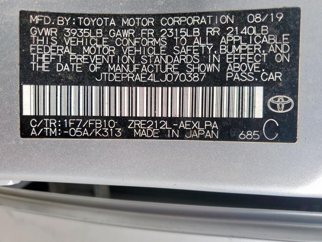 JTDEPRAE4LJ070387 - 2020 TOYOTA COROLLA LE ვერცხლისფერი ფოტო 13