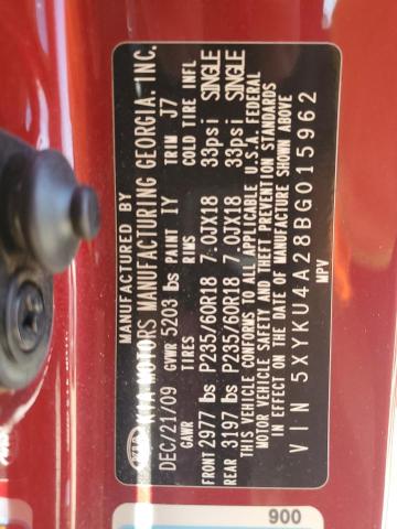 5XYKU4A28BG015962 - 2011 KIA SORENTO EX RED photo 13