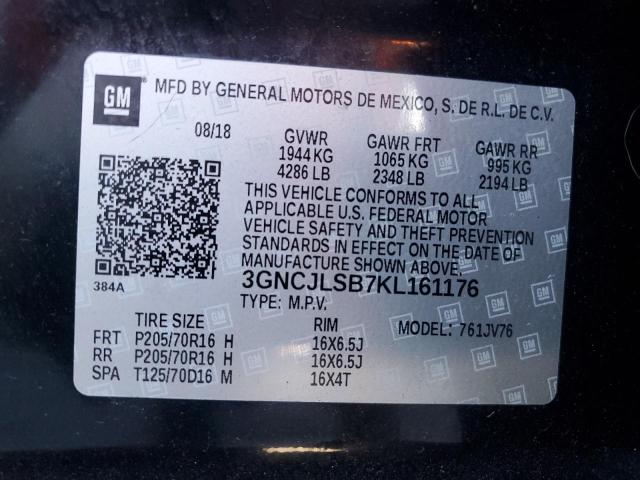 3GNCJLSB7KL161176 - 2019 CHEVROLET TRAX 1LT შავი ფოტო 14