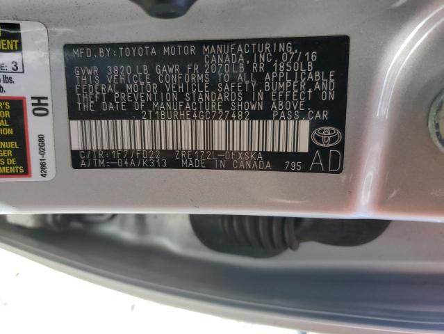 2T1BURHE4GC727482 - 2016 TOYOTA COROLLA L SILVER photo 12