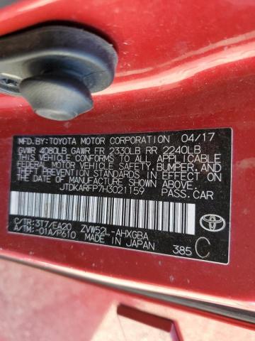 JTDKARFP7H3021159 - 2017 TOYOTA PRIUS PRIM 红色 照片 10