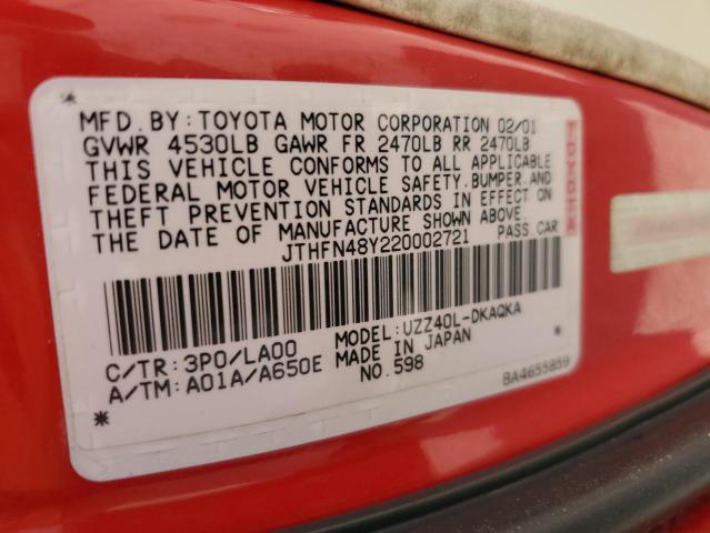 JTHFN48Y220002721 - 2002 LEXUS SC 430 RED photo 12