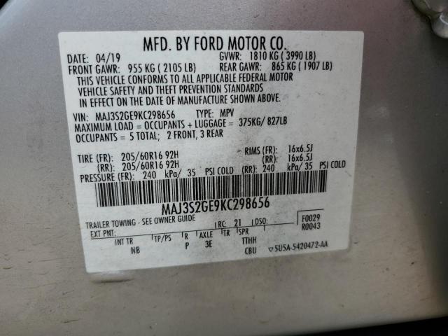 MAJ3S2GE9KC298656 - 2019 FORD ECOSPORT SE SILVER photo 13