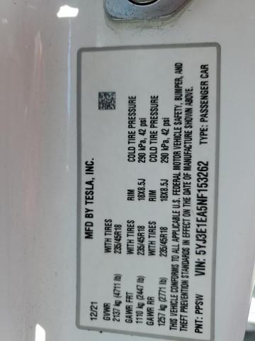 5YJ3E1EA5NF153262 - 2022 TESLA MODEL 3 WHITE photo 13