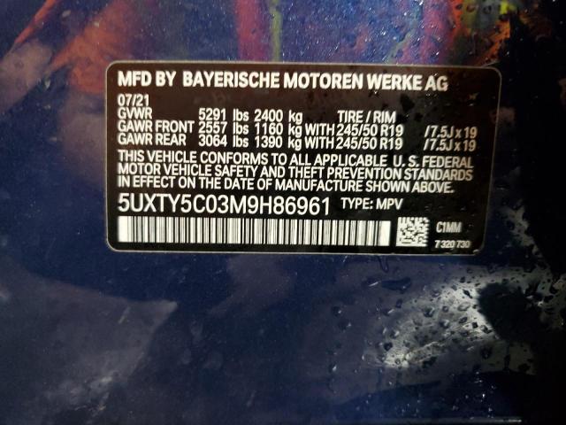 5UXTY5C03M9H86961 - 2021 BMW X3 XDRIVE30I BLUE photo 12