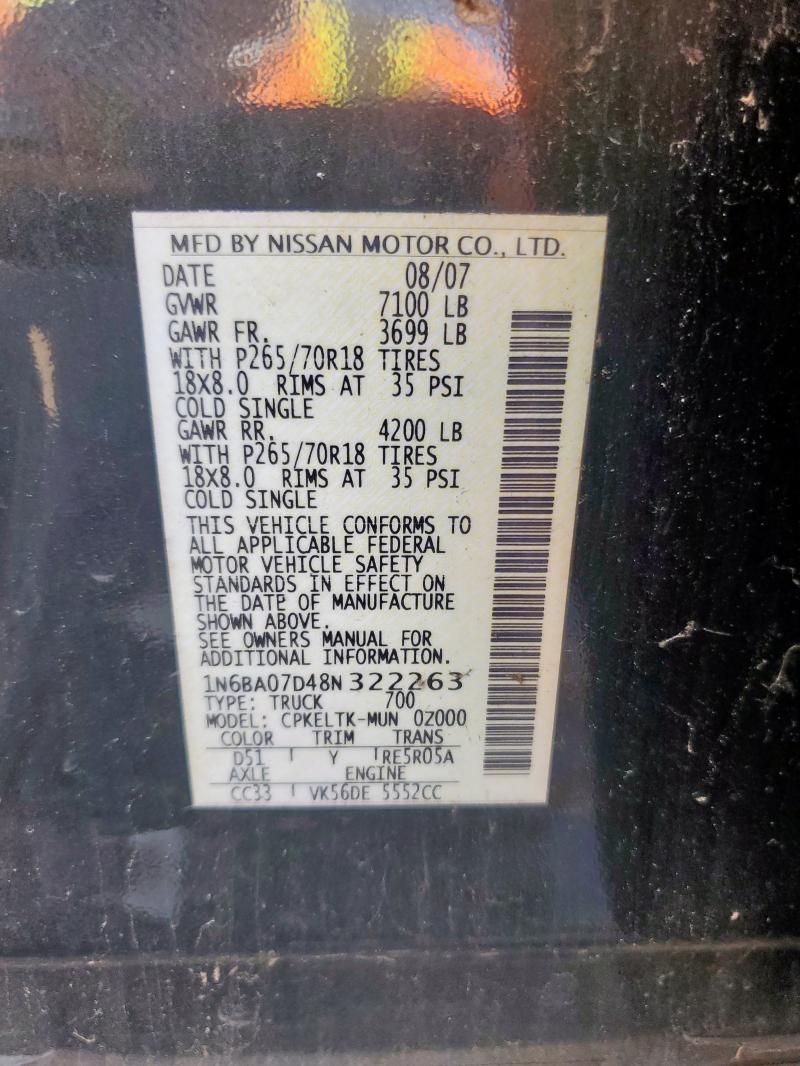1N6BA07D48N322263 - 2008 NISSAN TITAN XE CHARCOAL photo 13