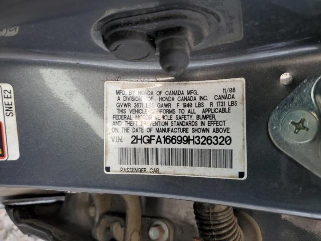 2HGFA16699H326320 - 2009 HONDA CIVIC LX-S ნაცრისფერი ფოტო 12