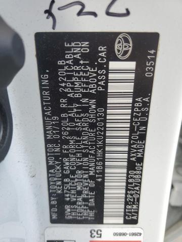 4T1B61HK1KU220130 - 2019 TOYOTA CAMRY XSE თეთრი ფოტო 12