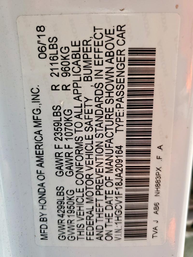 1HGCV1F18JA209164 - 2018 HONDA ACCORD LX 白色 照片 13