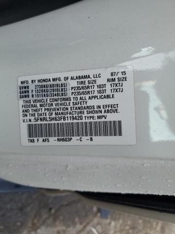 5FNRL5H63FB119420 - 2015 HONDA ODYSSEY EXL თეთრი ფოტო 13