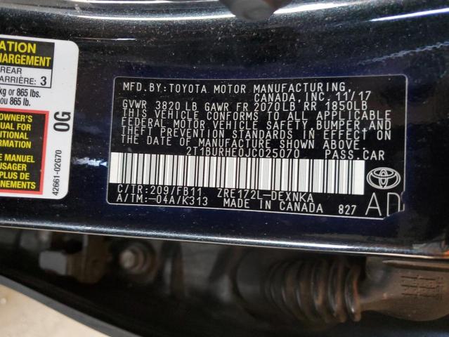 2T1BURHE0JC025070 - 2018 TOYOTA COROLLA L BLACK photo 12