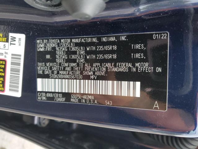 5TDHZRBH8NS567030 - 2022 TOYOTA HIGHLANDER XLE Mavi foto 13