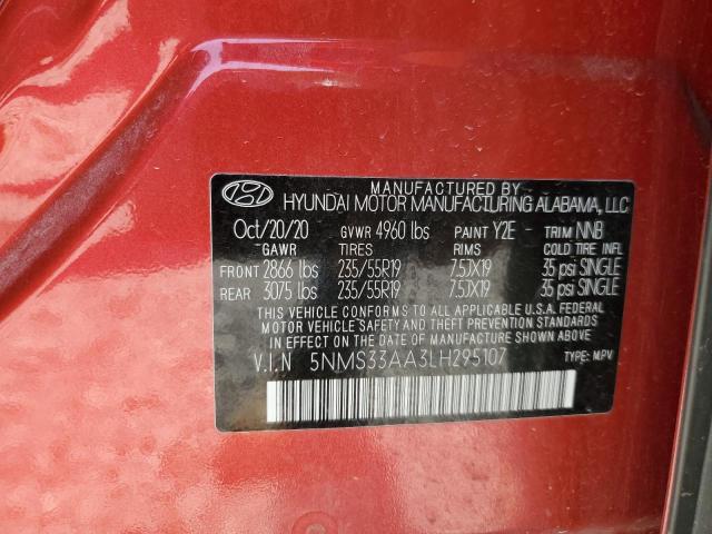 5NMS33AA3LH295107 - 2020 HYUNDAI SANTA FE SEL RED photo 13