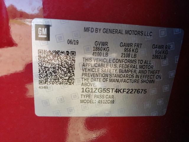 1G1ZG5ST4KF227675 - 2019 CHEVROLET MALIBU RS RED photo 12