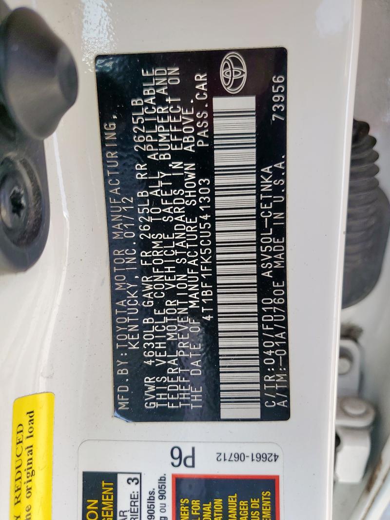 4T1BF1FK5CU541303 - 2012 TOYOTA CAMRY BASE 白色 照片 13