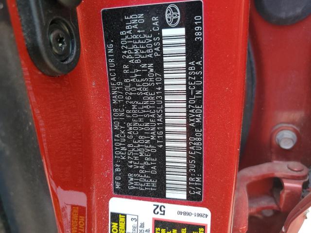 4T1G11AK5LU314107 - 2020 TOYOTA CAMRY SE RED photo 12