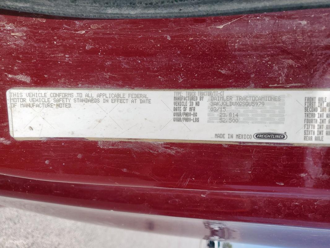 3AKJGLDVXGSGU5979 - 2016 FREIGHTLINER CASCADIA 1 ბურგუნდია ფოტო 10