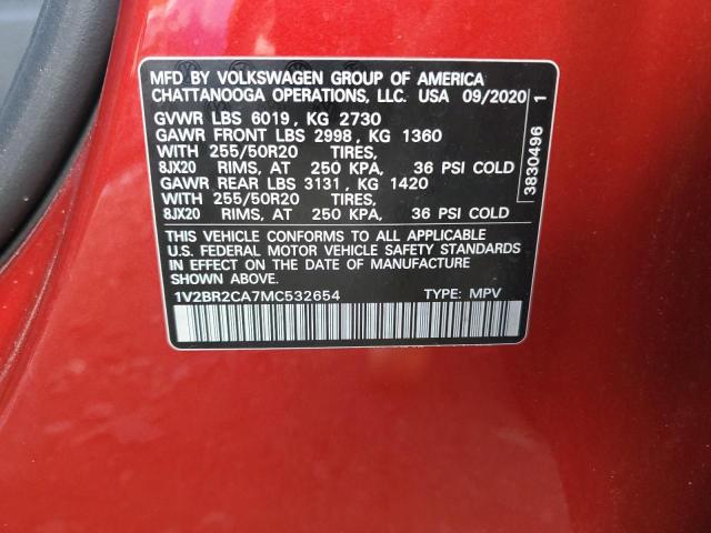 1V2BR2CA7MC532654 - 2021 VOLKSWAGEN ATLAS SEL RED photo 13