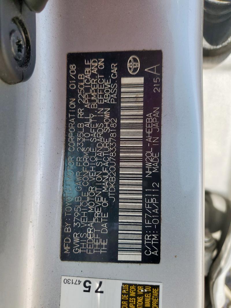 JTDKB20U783378182 - 2008 TOYOTA PRIUS SILVER photo 13