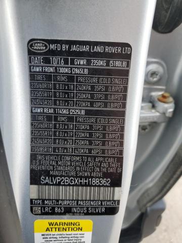 SALVP2BGXHH188362 - 2017 LAND ROVER RANGE ROVE SE SILVER photo 12