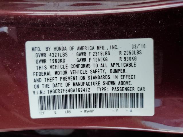 1HGCR2F84GA169472 - 2016 HONDA ACCORD EXL MAROON photo 12