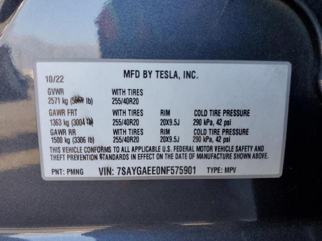 7SAYGAEE0NF575901 - 2022 TESLA MODEL Y 灰色 照片 13