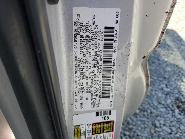 5TEUX4EN7AZ745774 - 2010 TOYOTA TACOMA ACCESS CAB ვერცხლისფერი ფოტო 12