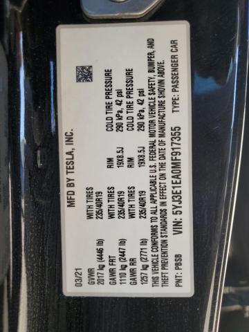 5YJ3E1EA0MF917355 - 2021 TESLA MODEL 3 BLACK photo 12