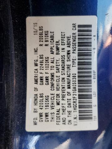 1HGCR2F31GA050380 - 2016 HONDA ACCORD LX BLUE photo 12