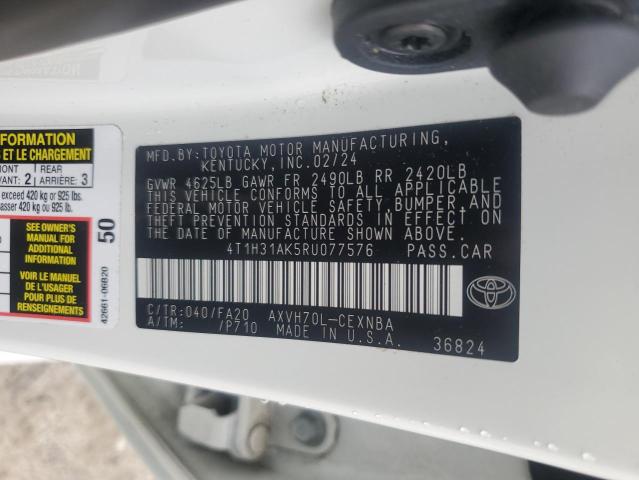4T1H31AK5RU077576 - 2024 TOYOTA CAMRY LE WHITE photo 12