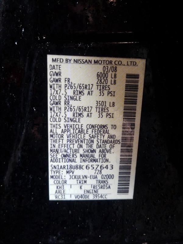 5N1AR18U88C657643 - 2008 NISSAN PATHFINDER S BLACK photo 10