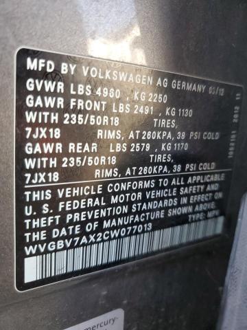 WVGBV7AX2CW077013 - 2012 VOLKSWAGEN TIGUAN S GRAY photo 13