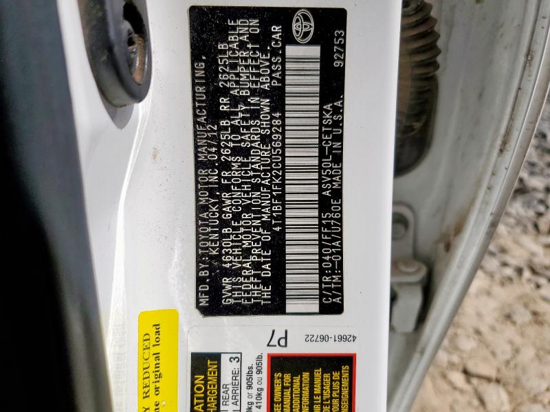 4T1BF1FK2CU569284 - 2012 TOYOTA CAMRY BASE თეთრი ფოტო 12