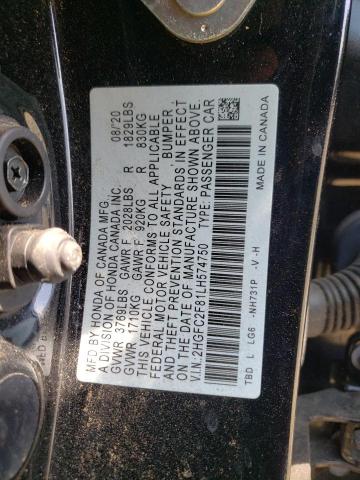 2HGFC2F81LH574750 - 2020 HONDA CIVIC SPORT 黑色 照片 12