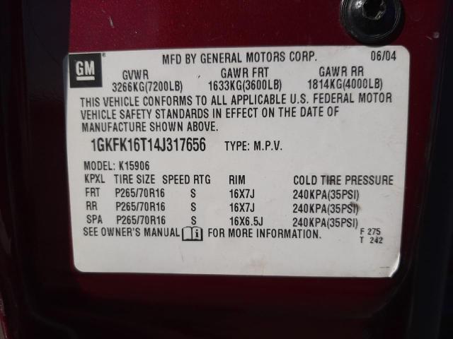 1GKFK16T14J317656 - 2004 GMC YUKON XL K1500 MAROON photo 10