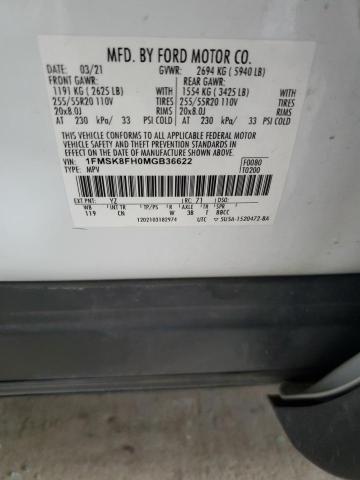 1FMSK8FH0MGB36622 - 2021 FORD EXPLORER LIMITED 白色 照片 14