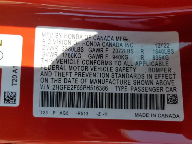 2HGFE2F55PH516386 - 2023 HONDA CIVIC SPORT RED photo 12