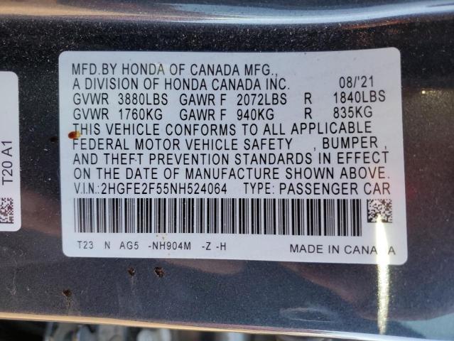 2HGFE2F55NH524064 - 2022 HONDA CIVIC SPORT 灰色 照片 12