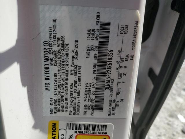 3LN6L5F92JR618356 - 2018 LINCOLN MKZ RESERVE WHITE photo 12