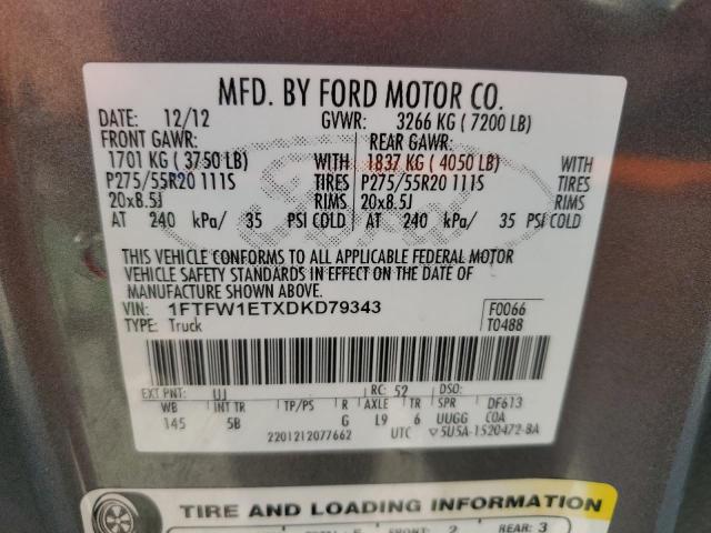 1FTFW1ETXDKD79343 - 2013 FORD F150 SUPERCREW GRAY photo 12