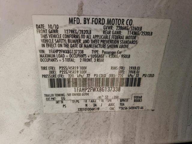 1FAHP2FWXBG137338 - 2011 FORD TAURUS LIMITED WHITE photo 12