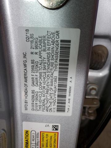 1HGCV1F43JA113663 - 2018 HONDA ACCORD EX SILVER photo 13