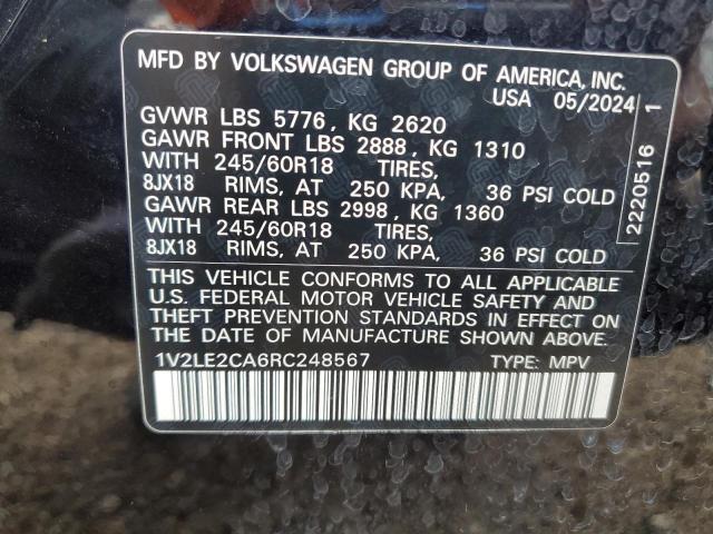 1V2LE2CA6RC248567 - 2024 VOLKSWAGEN ATLAS CROS SE Czarny zdjęcie 13